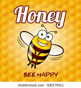 Illustration of a Friendly Cute Bee with Smile on Honey Background