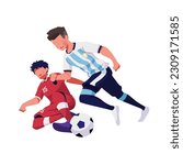 Illustration of a friendly football match between Indonesia and Argentina, players snatching the ball from each other