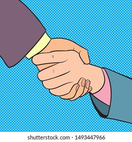 Illustration of a friendly handshake,
Agreed in the business contract.Pop art retro comic book. images separated from the background