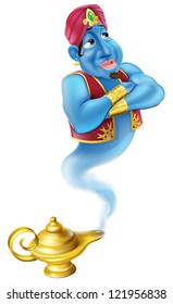 Illustration of a friendly Jinn or genie coming out of a gold magic oil lamp like the one in the Aladdin story