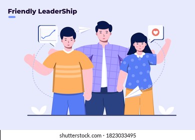 Illustration friendly leadership, make employee love, happy, and increase productivity. Leadership on modern startup business company. Millennial Leader on 4.0 industry. Let's move forward together. 