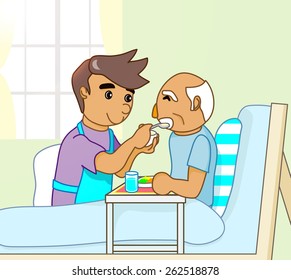 Illustration of friendly nurse feeding a senior man in nursing home 