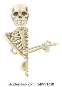 Illustration of a friendly pointing cartoon Halloween skeleton character