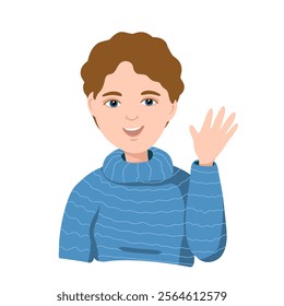 Illustration of a friendly pretty girl with a greeting gesture. Young woman doing greet pose and say Hi and Hello while smiling.