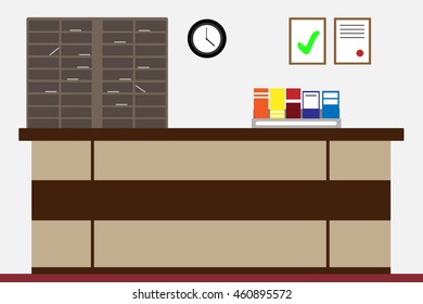 illustration of a friendly reception in a hotel or hostel, including furniture, rack for registration, watches, shelf with keys , stand with leaflets made of shapes