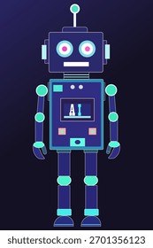 Illustration of a friendly robot with AI on its screen against a dark background