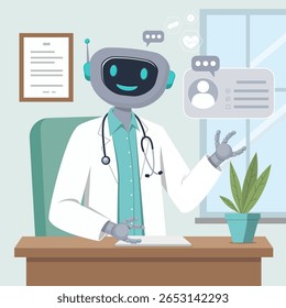 Illustration of a friendly robot doctor wearing a lab coat and stethoscope, interacting with virtual data and patient records in a modern office setting. Ideal for medical futuristic concepts.