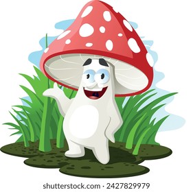 Illustration of a friendly toadstool in the grass