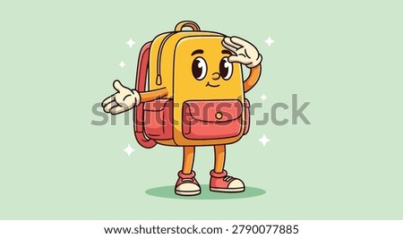 An illustration of a friendly yellow and red school backpack mascot with arms and legs standing on a green background