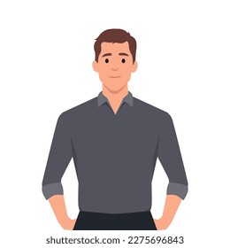 illustration of a friendly young man in business casual clothes. Cool young guy standing with hands in his pockets. Flat vector illustration isolated on white background