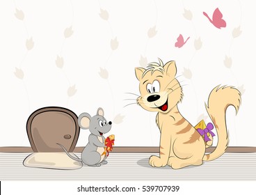 Illustration Friends Cat Mouse Give Each Stock Vector Royalty Free