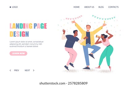 Illustration of friends celebrating with confetti and drinks, colorful text on the left, white background. Concept of fun and creative landing page. Vector illustration