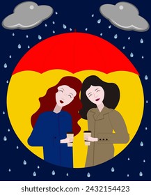 illustration friends girls coffee rain