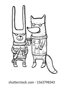 illustration of Friends rabbit and fox in sweaters with cups of coffee. Vector isolated Hand drawn illustration. Line stock art. Winter holiday Line print.