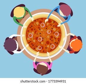 Illustration of Friends Sitting Eating Pizza as Big as the Round Table