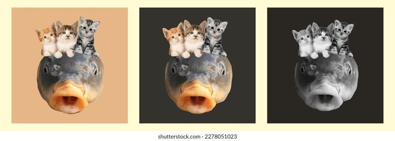 Illustration of friendship Cute cat and cute goldfish