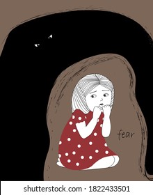 Ilustración de una chica asustada. El miedo gira en torno al niño. Niña pequeña con un vestido rojo. El niño tiene miedo.