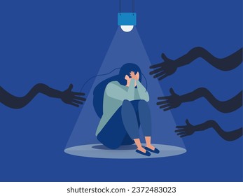 Illustration of a frightened girl sitting under a spotlight haunted by black hands. vector illustration.