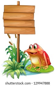 Illustration of frog above a waterlily beside a wooden signboard on a white background