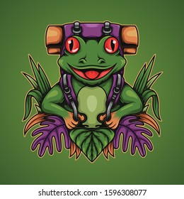 Illustration of frog backpacker in jungle