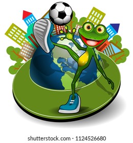 Illustration Frog with Ball and Globe on a White Background