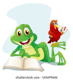 Illustration of a frog and a bird reading on a white background 