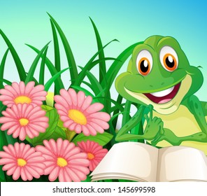Illustration of a frog with a book at the garden