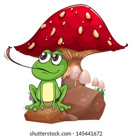 Illustration of a frog catching a fly near the giant mushroom on a white background 