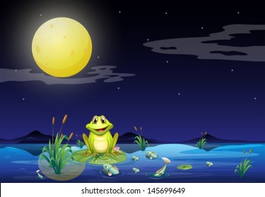 Illustration of the frog and fishes at the lake under the bright fullmoon