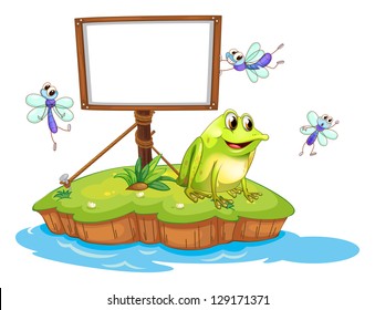 Illustration of a frog and flies in an island on a white background