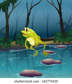 Illustration of a frog jumping at the pond inside the forest