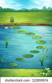 Illustration of a frog and a lake in a beautiful nature