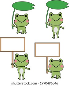 Ilustración de una rana con una hoja y un signo