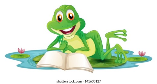 Illustration of a frog lying while reading a book on a white background