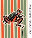 Illustration of a frog in naif style with ribbit text. Colored lines background. Poster, vector
