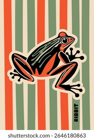 Illustration of a frog in naif style with ribbit text. Colored lines background. Poster, vector