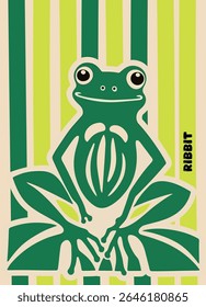 Illustration of a frog in naif style with ribbit text. Colored lines background. Poster, vector