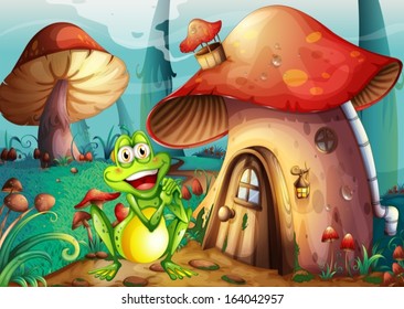 Illustration of a frog near the mushroom house