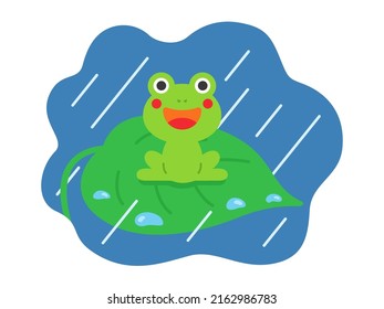 Illustration of a frog on a leaf on a rainy day.