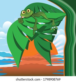 Illustration of a Frog on a Palm Leaf on the Background of the Sea Sunset
