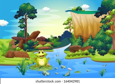 Illustration of a frog playing at the river near the cliff