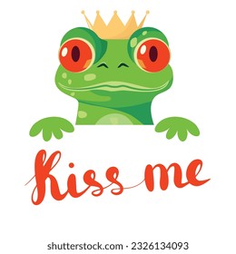 Illustration of the frog Princess with the inscription kiss me. Frog Prince says kiss me vector illustration. green frog with golden crown say kiss me