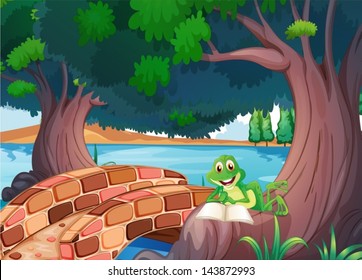 Illustration of a frog reading under the tree beside a bridge