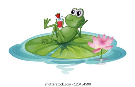 Illustration of a frog relaxing on a leaf on a white background