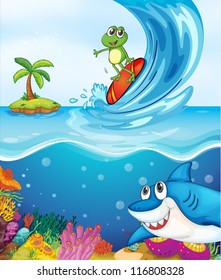 illustration of a frog and a shark fish in the sea