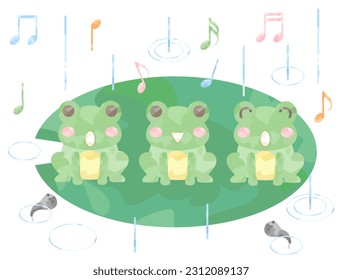 It is an illustration of a frog singing on a rainy day.