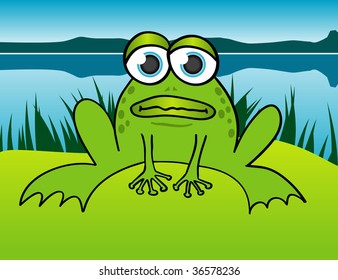 Illustration of a frog sitting in front of a pond.