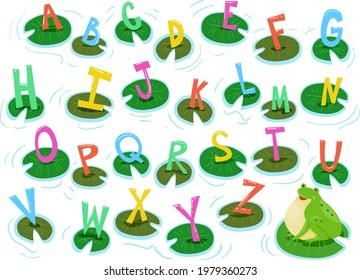 Illustration of a Frog Sitting on Lily Pad with Alphabet Letters