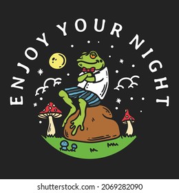 illustration frog sitting rock at night in the meadow looking at the full moon