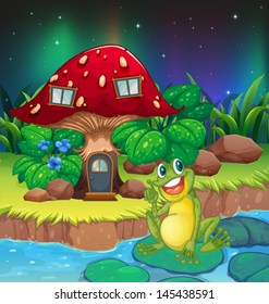 Illustration frog sitting waterlily near the mushroom house